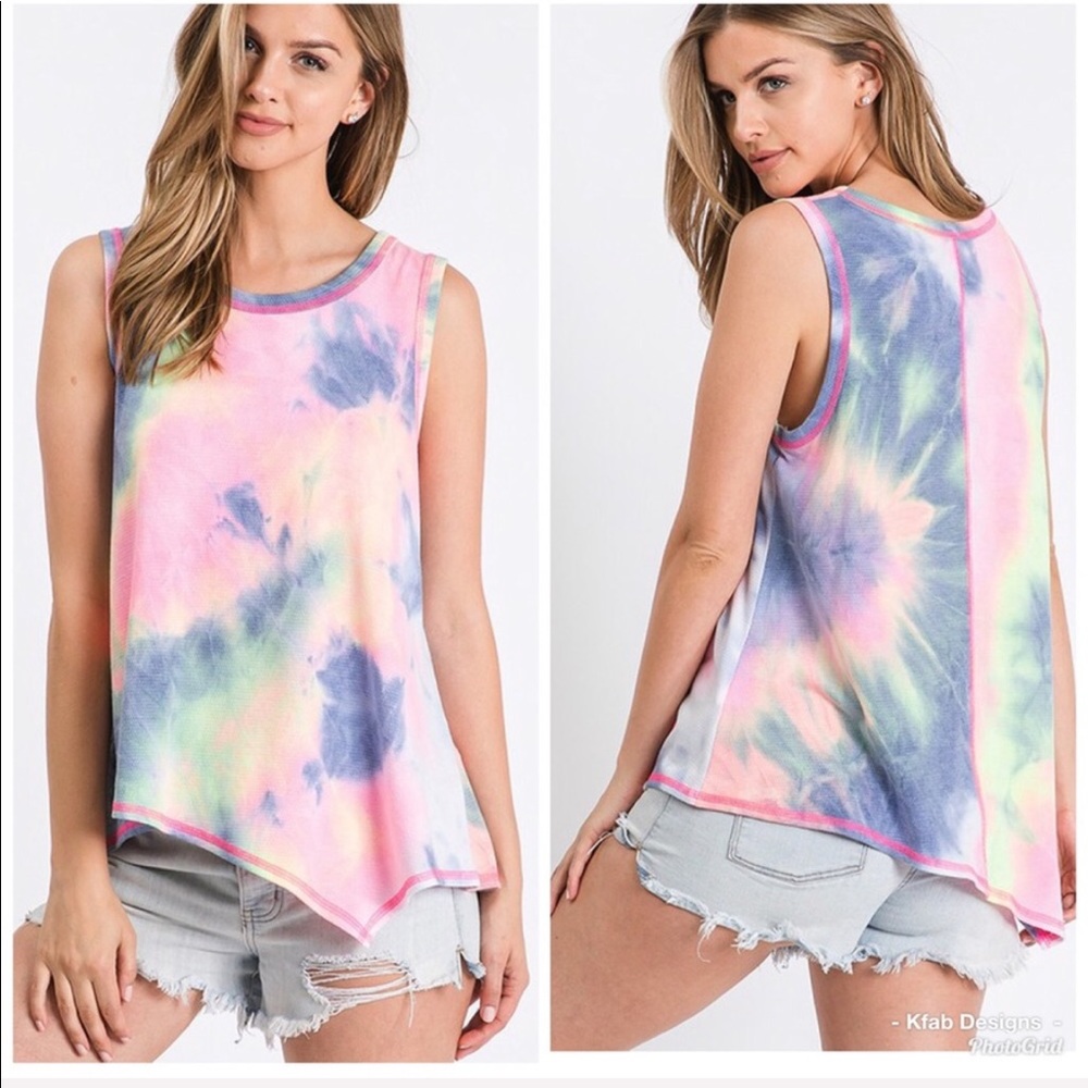 LAST! Pink/Blue Tie Dye Asymmetric Hem Top! - Picture 3 of 8